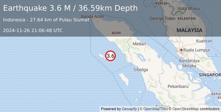 Earthquake Northern Sumatra, Indonesia (3.6 M) (2024-11-26 21:06:48 UTC)