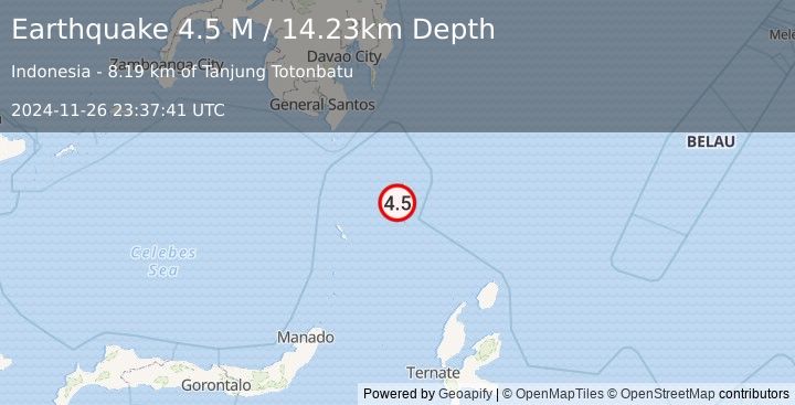 Earthquake Talaud Islands, Indonesia (4.5 M) (2024-11-26 23:37:41 UTC)