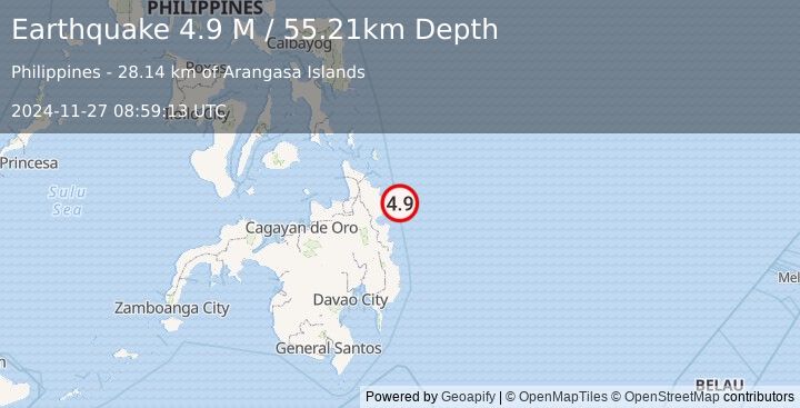 Earthquake Mindanao, Philippines (4.9 M) (2024-11-27 08:59:13 UTC)