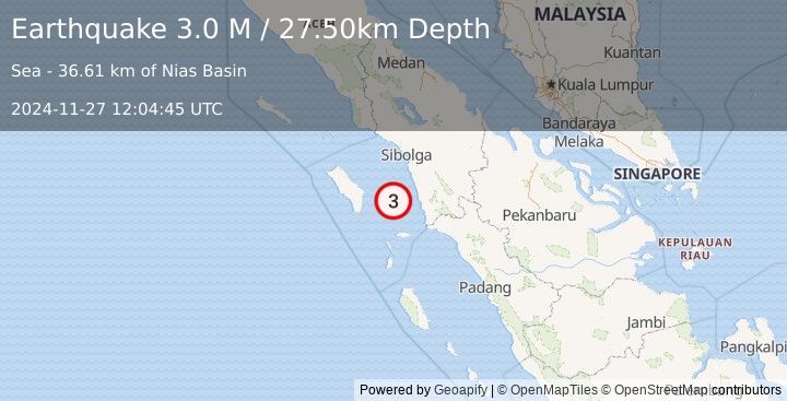 Earthquake Northern Sumatra, Indonesia (3.0 M) (2024-11-27 12:04:45 UTC)