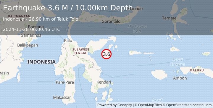 Earthquake Sulawesi, Indonesia (3.6 M) (2024-11-28 06:00:46 UTC)