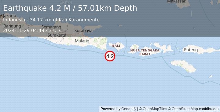 Earthquake South of Bali, Indonesia (4.2 M) (2024-11-29 04:49:43 UTC)