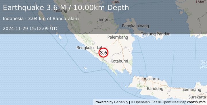 Earthquake Southern Sumatra, Indonesia (3.6 M) (2024-11-29 15:12:09 UTC)