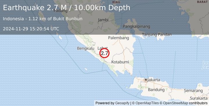 Earthquake Southern Sumatra, Indonesia (2.7 M) (2024-11-29 15:20:54 UTC)