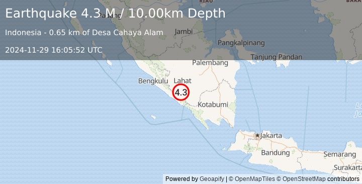 Earthquake Southern Sumatra, Indonesia (4.3 M) (2024-11-29 16:05:52 UTC)