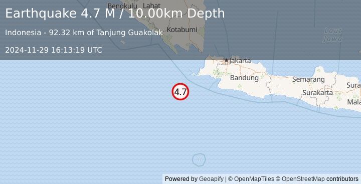 Earthquake Southwest of Sumatra, Indonesia (4.7 M) (2024-11-29 16:13:19 UTC)