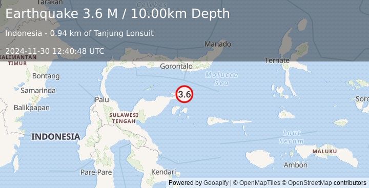 Earthquake Minahassa Peninsula, Sulawesi (3.6 M) (2024-11-30 12:40:48 UTC)