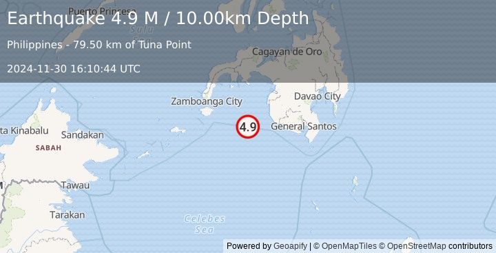 Earthquake Mindanao, Philippines (4.9 M) (2024-11-30 16:10:44 UTC)