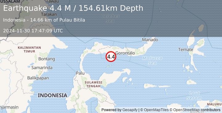 Earthquake Minahassa Peninsula, Sulawesi (4.4 M) (2024-11-30 17:47:09 UTC)