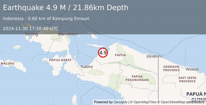 Earthquake West Papua Region, Indonesia (4.9 M) (2024-11-30 17:58:40 UTC)