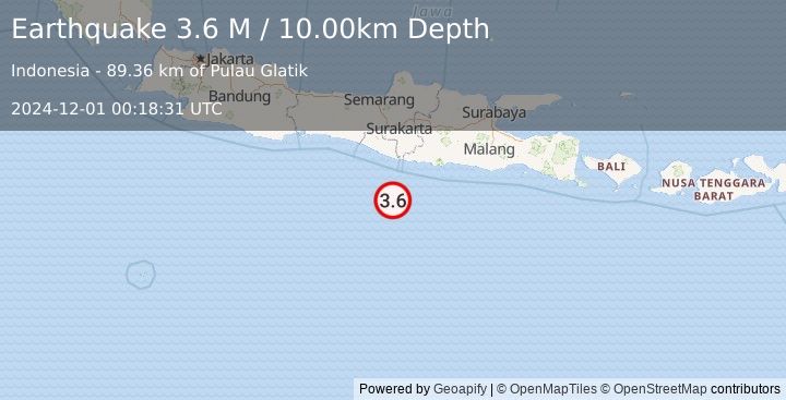 Earthquake South of Java, Indonesia (3.6 M) (2024-12-01 00:18:31 UTC)