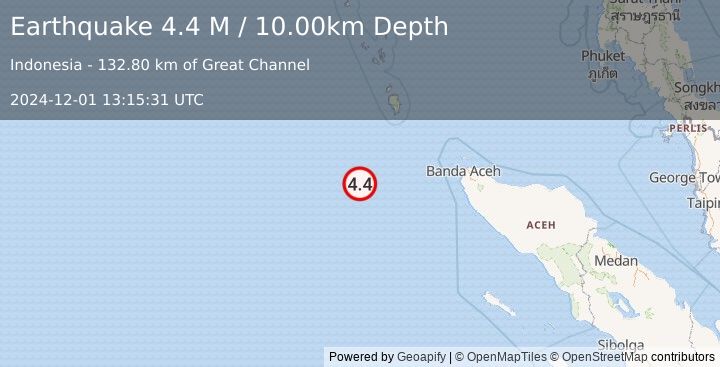 Earthquake Off West Coast of Northern Sumatra (4.4 M) (2024-12-01 13:15:31 UTC)