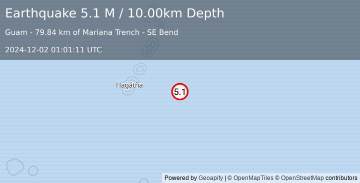 Earthquake South of Mariana Islands (5.1 M) (2024-12-02 01:01:11 UTC)