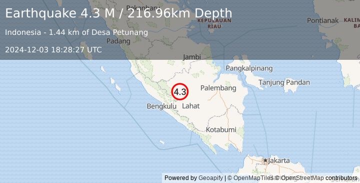 Earthquake Southern Sumatra, Indonesia (4.3 M) (2024-12-03 18:28:27 UTC)