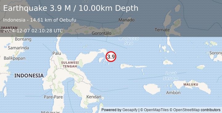 Earthquake Sulawesi, Indonesia (3.9 M) (2024-12-07 02:10:28 UTC)