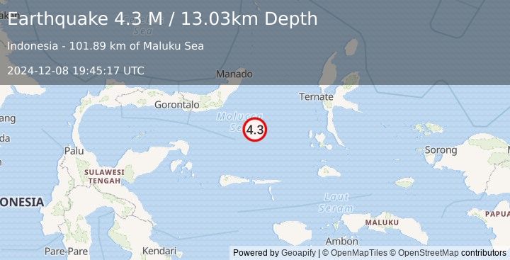 Earthquake Southern Molucca Sea (4.3 M) (2024-12-08 19:45:17 UTC)