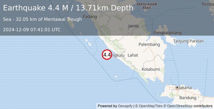 Earthquake Southern Sumatra, Indonesia (4.4 M) (2024-12-09 07:41:01 UTC)