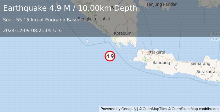 Earthquake Southwest of Sumatra, Indonesia (4.9 M) (2024-12-09 08:21:05 UTC)