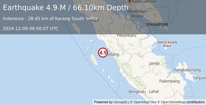 Earthquake Southern Sumatra, Indonesia (4.9 M) (2024-12-09 09:50:07 UTC)