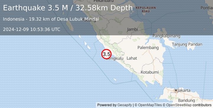 Earthquake Southern Sumatra, Indonesia (3.5 M) (2024-12-09 10:53:36 UTC)