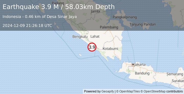 Earthquake Southern Sumatra, Indonesia (3.9 M) (2024-12-09 21:26:18 UTC)