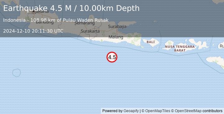 Earthquake South of Java, Indonesia (4.5 M) (2024-12-10 20:11:30 UTC)