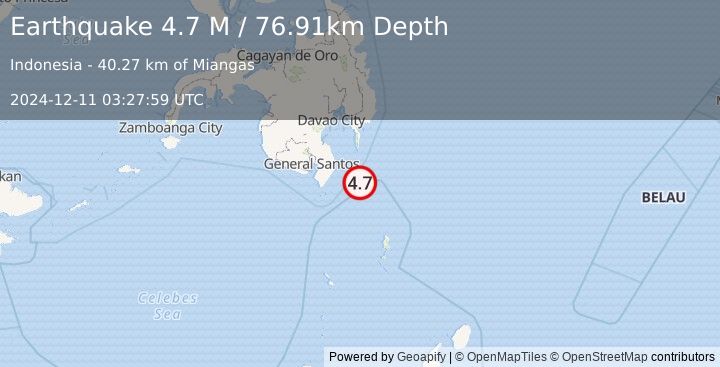 Earthquake Mindanao, Philippines (4.7 M) (2024-12-11 03:27:59 UTC)