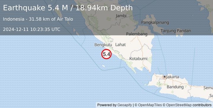 Earthquake Southern Sumatra, Indonesia (5.4 M) (2024-12-11 10:23:35 UTC)