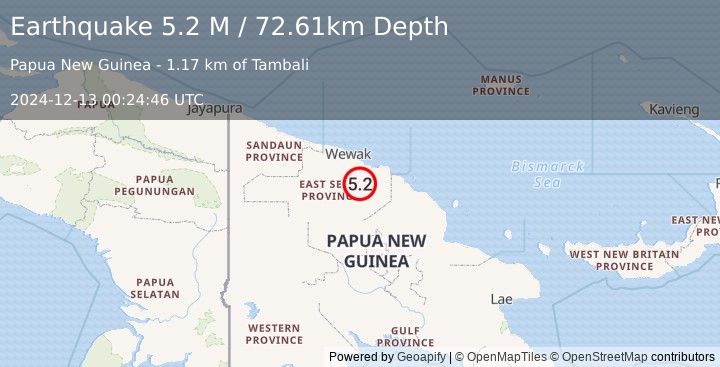 Earthquake New Guinea, Papua New Guinea (5.2 M) (2024-12-13 00:24:46 UTC)