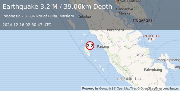 Earthquake Southern Sumatra, Indonesia (3.2 M) (2024-12-16 02:30:47 UTC)