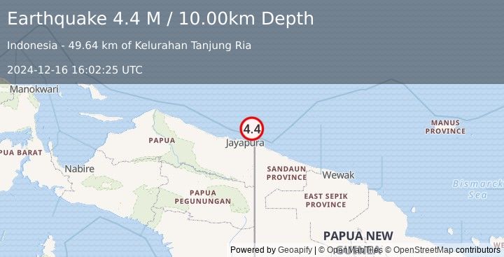 Earthquake Near North Coast of West Papua (4.4 M) (2024-12-16 16:02:25 UTC)