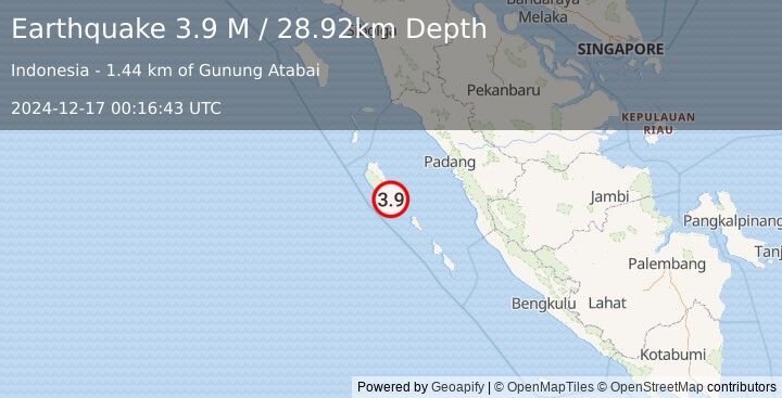 Earthquake Southern Sumatra, Indonesia (3.9 M) (2024-12-17 00:16:43 UTC)