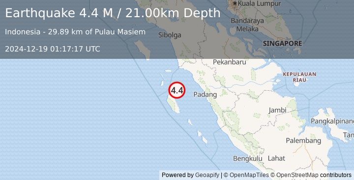 Earthquake Southern Sumatra, Indonesia (4.4 M) (2024-12-19 01:17:17 UTC)