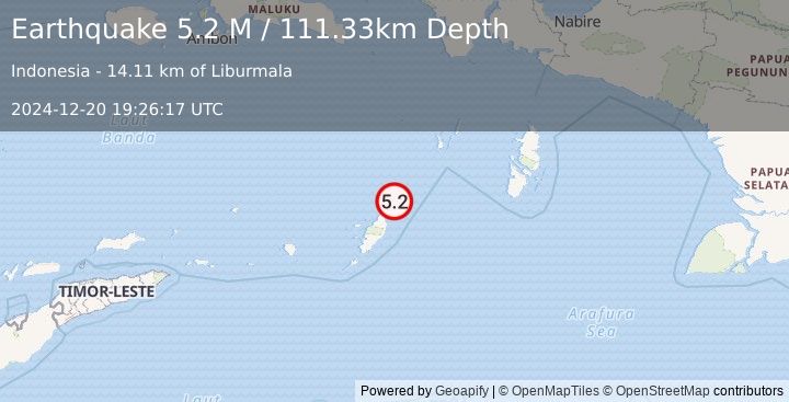 Earthquake Tanimbar Islands Region, Indonesia (5.2 M) (2024-12-20 19:26:18 UTC)