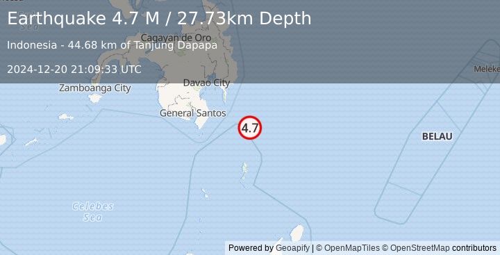 Earthquake Mindanao, Philippines (4.7 M) (2024-12-20 21:09:33 UTC)