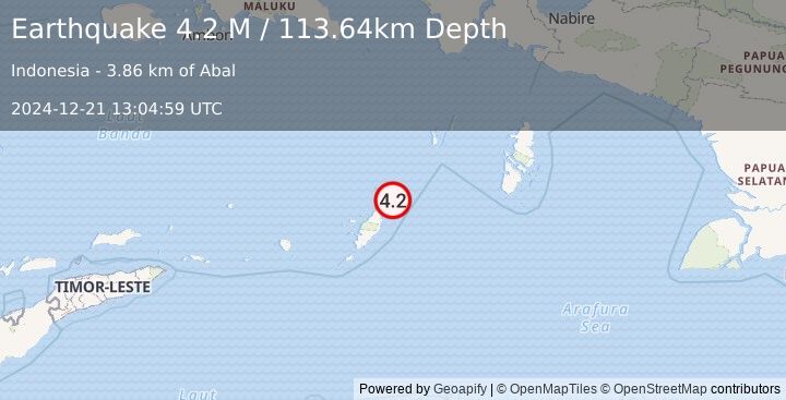 Earthquake Tanimbar Islands Region, Indonesia (4.2 M) (2024-12-21 13:04:59 UTC)