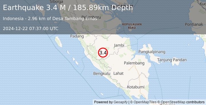 Earthquake Southern Sumatra, Indonesia (3.4 M) (2024-12-22 07:37:00 UTC)