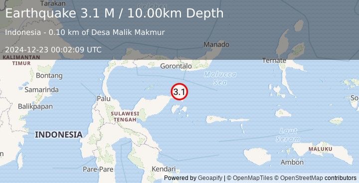 Earthquake Minahassa Peninsula, Sulawesi (3.1 M) (2024-12-23 00:02:09 UTC)