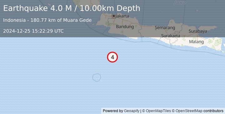 Earthquake South of Java, Indonesia (4.0 M) (2024-12-25 15:22:29 UTC)