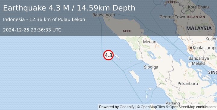 Earthquake Off West Coast of Northern Sumatra (4.3 M) (2024-12-25 23:36:33 UTC)