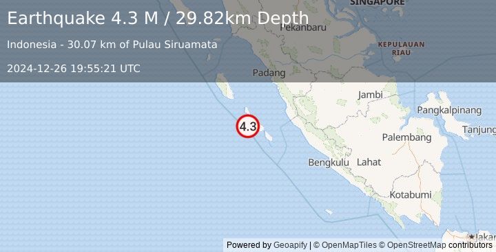 Earthquake Southern Sumatra, Indonesia (4.3 M) (2024-12-26 19:55:21 UTC)