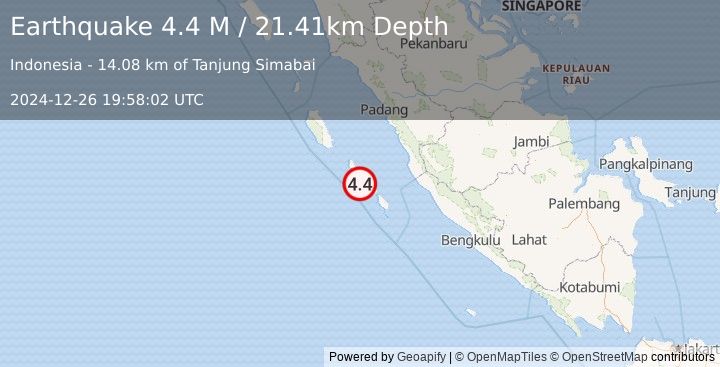 Earthquake Southern Sumatra, Indonesia (4.4 M) (2024-12-26 19:58:02 UTC)