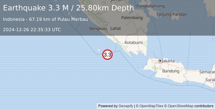 Earthquake Southern Sumatra, Indonesia (3.3 M) (2024-12-26 22:35:33 UTC)