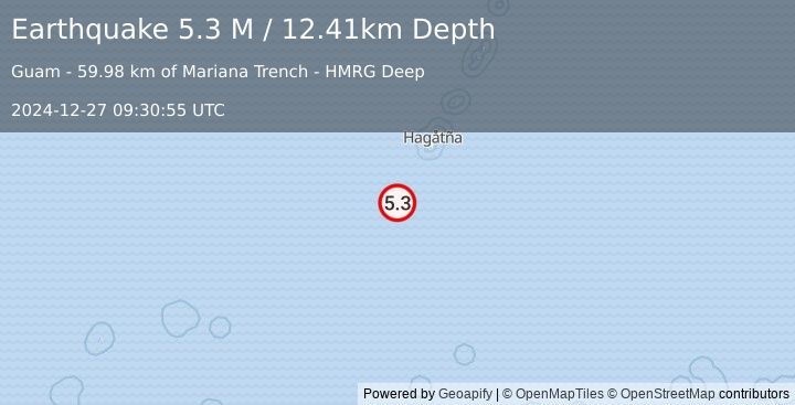 Earthquake South of Mariana Islands (5.3 M) (2024-12-27 09:30:55 UTC)