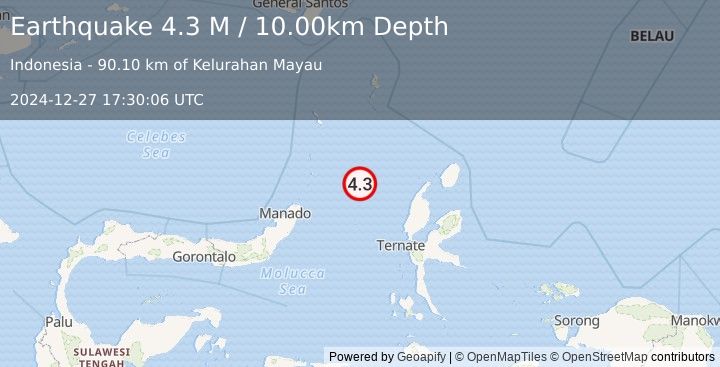 Earthquake Northern Molucca Sea (4.3 M) (2024-12-27 17:30:06 UTC)