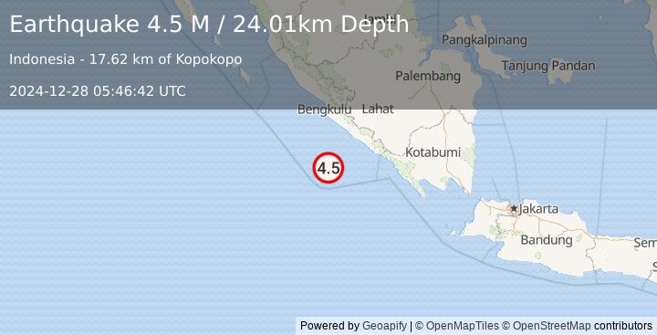 Earthquake Southern Sumatra, Indonesia (4.5 M) (2024-12-28 05:46:42 UTC)