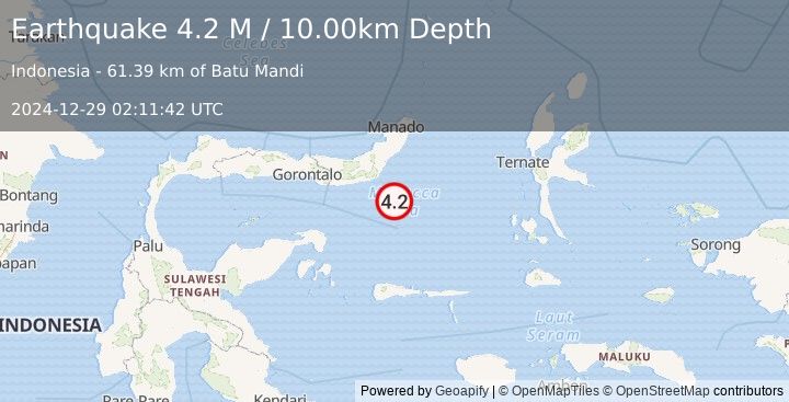 Earthquake Minahassa Peninsula, Sulawesi (4.2 M) (2024-12-29 02:11:43 UTC)