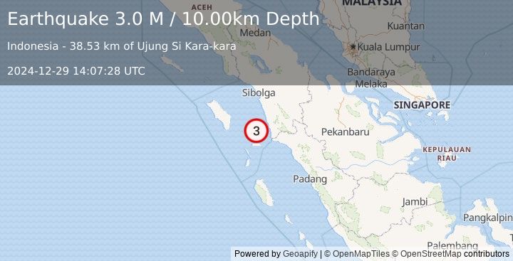 Earthquake Northern Sumatra, Indonesia (3.0 M) (2024-12-29 14:07:28 UTC)