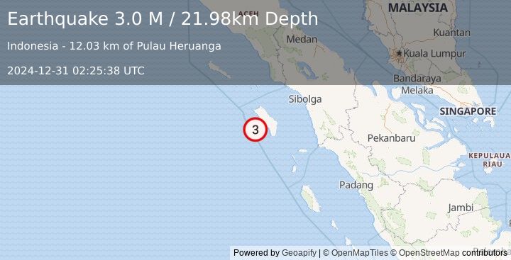 Earthquake Northern Sumatra, Indonesia (3.0 M) (2024-12-31 02:25:38 UTC)