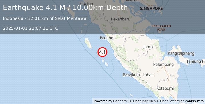 Earthquake Southern Sumatra, Indonesia (4.1 M) (2025-01-01 23:07:21 UTC)